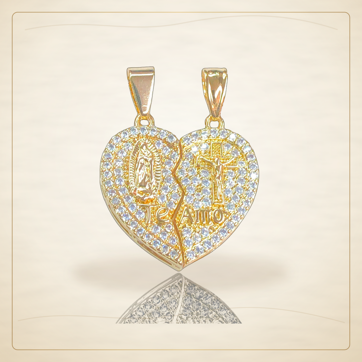 Oro Laminado · Dije Guadalupe & Jesus Split Heart / Guadalupe & Jesus Split Heart Pendant — Golden Shop 11