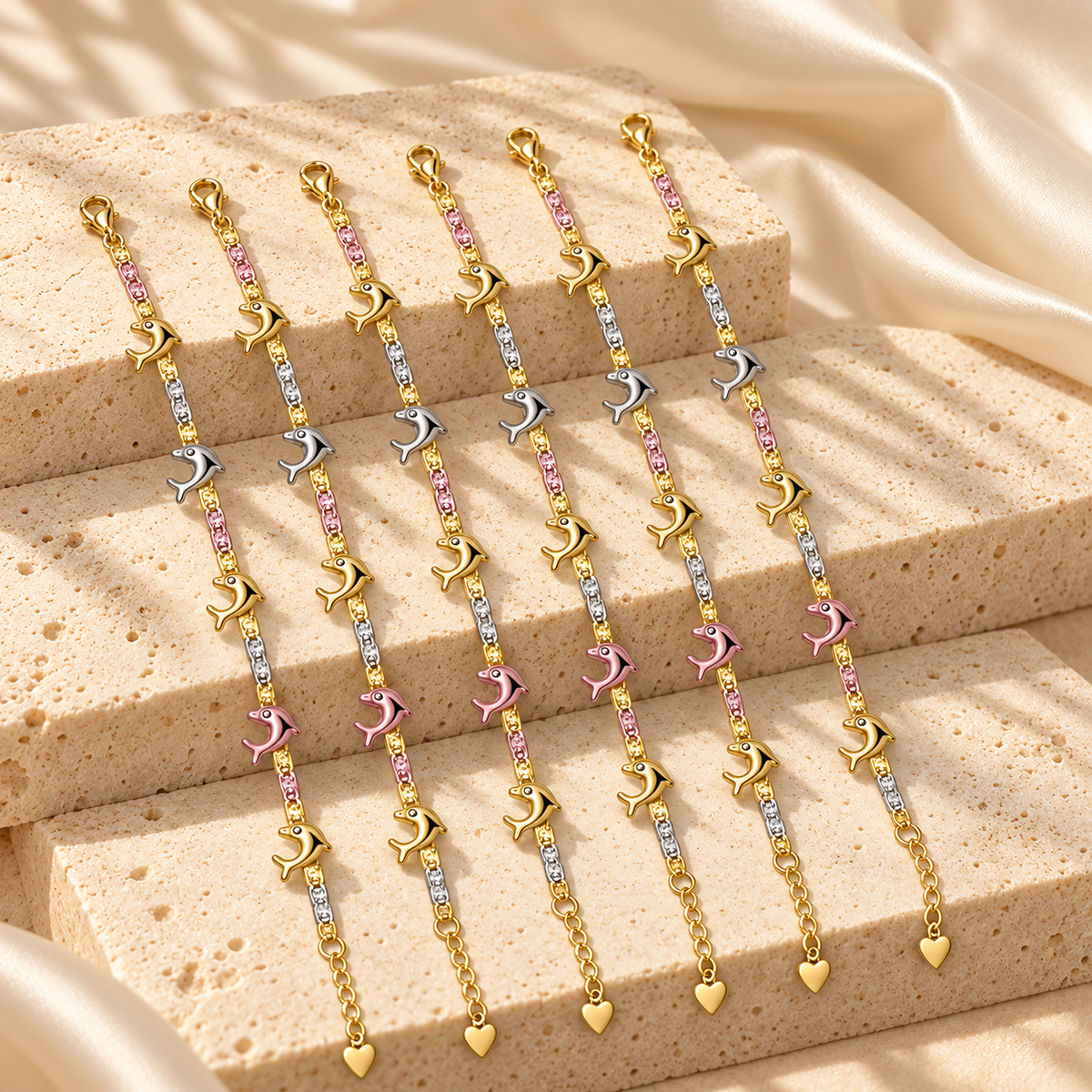 Gold Filled Tricolor Dolphin Charm Bracelets (Pack of 6)