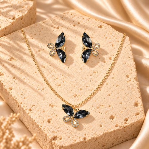 Gold Filled Black Butterfly Necklace Earrings Set