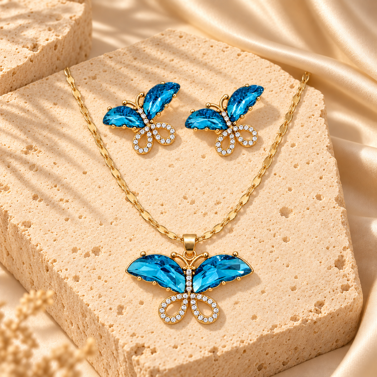 Gold Filled Blue Butterfly Necklace Earrings Set