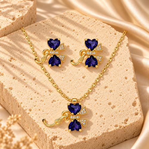 Gold Filled Blue Floral Necklace Earrings Set