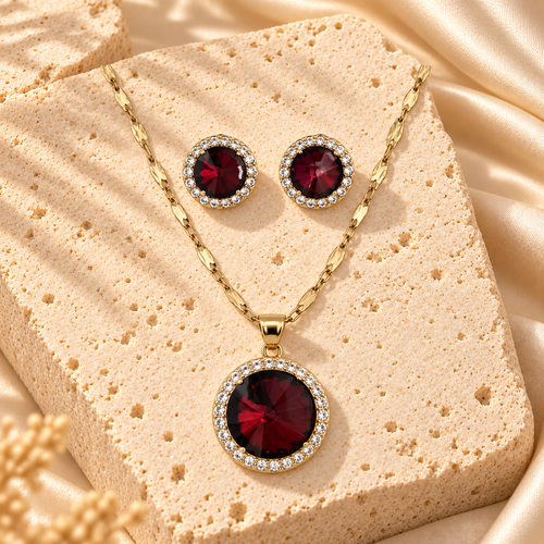 Gold Filled Burgundy Round Necklace Earrings Set
