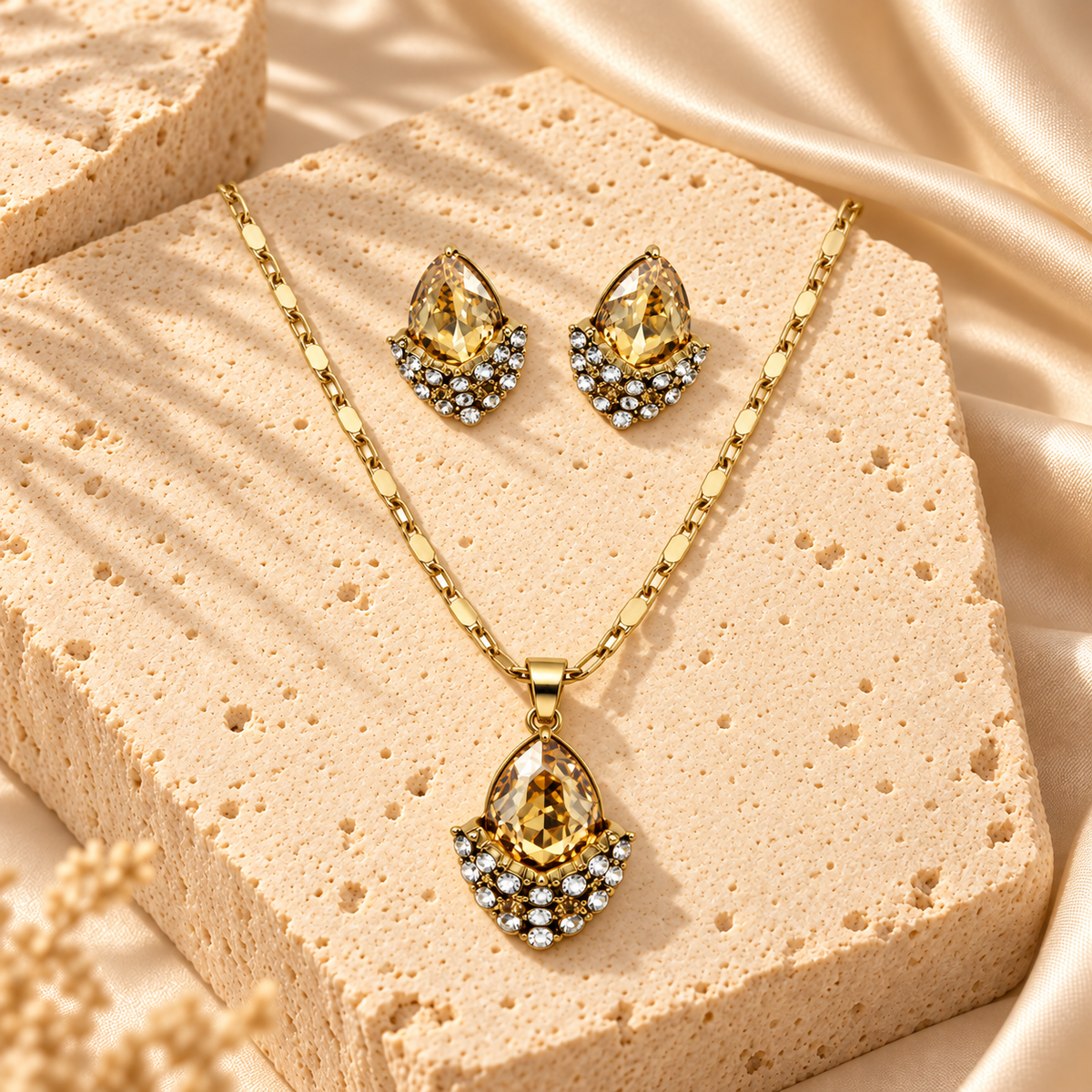 Gold Filled Champagne Teardrop Necklace Earrings Set