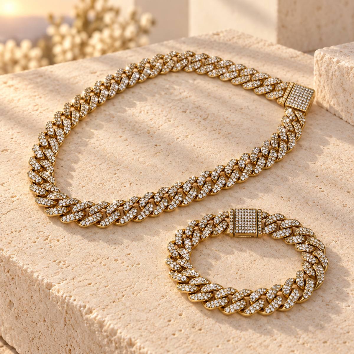 Gold Filled Clear-Stone Cuban Link Necklace and Bracelet Set (Pack of 2)
