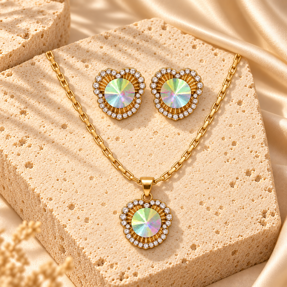 Gold Filled Iridescent Round Necklace Earrings Set