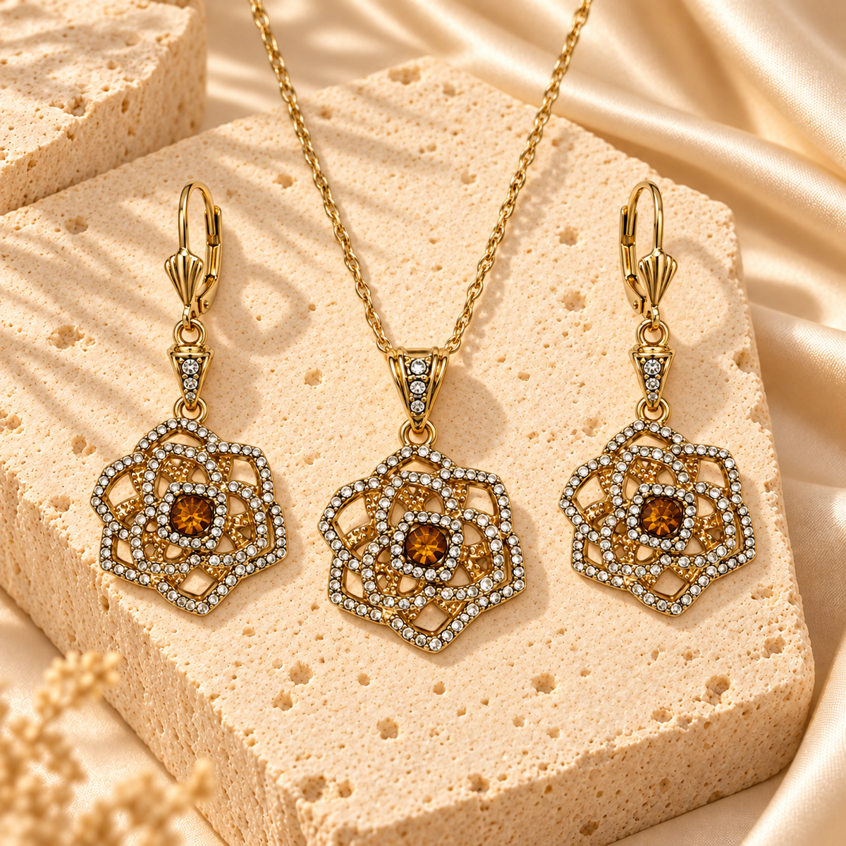 Gold Filled Ornate Crystal Necklace Earrings Set