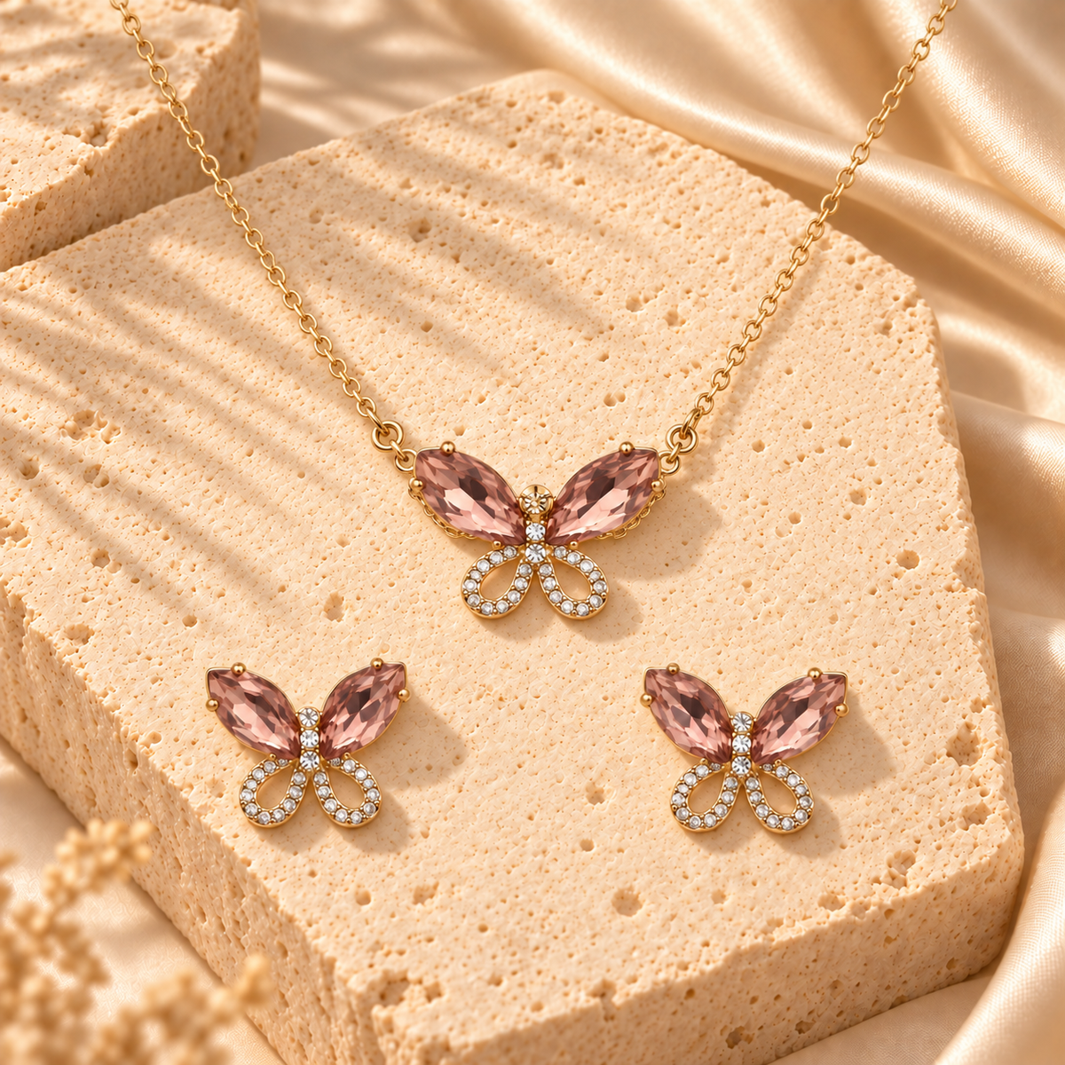 Gold Filled Pink Butterfly Necklace Earrings Set
