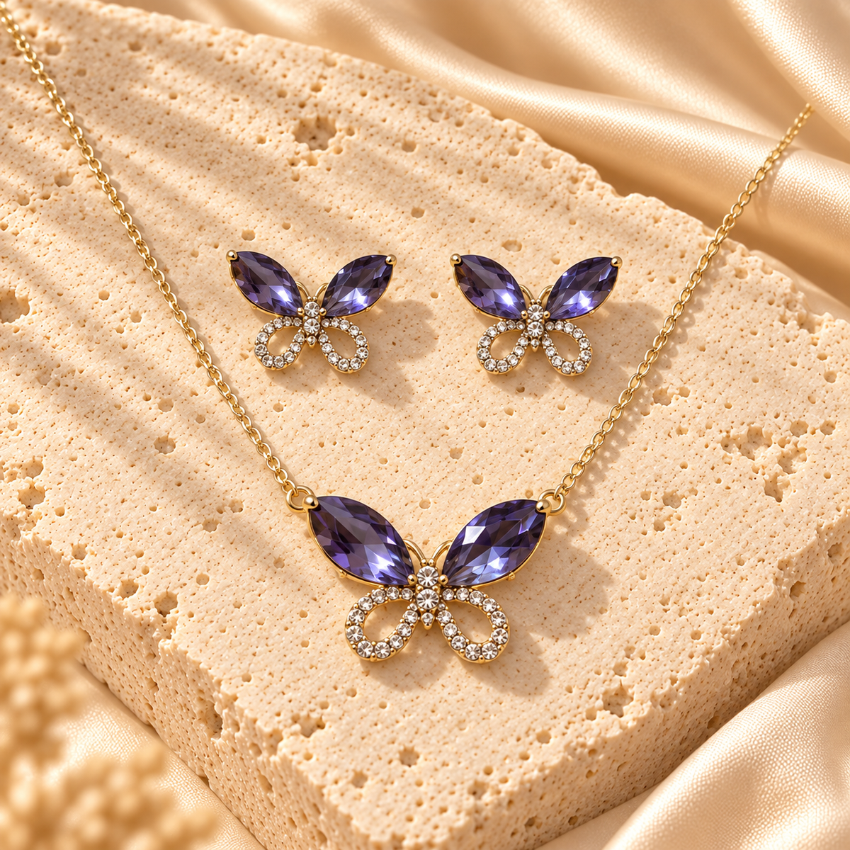 Gold Filled Purple Butterfly Necklace Earrings Set