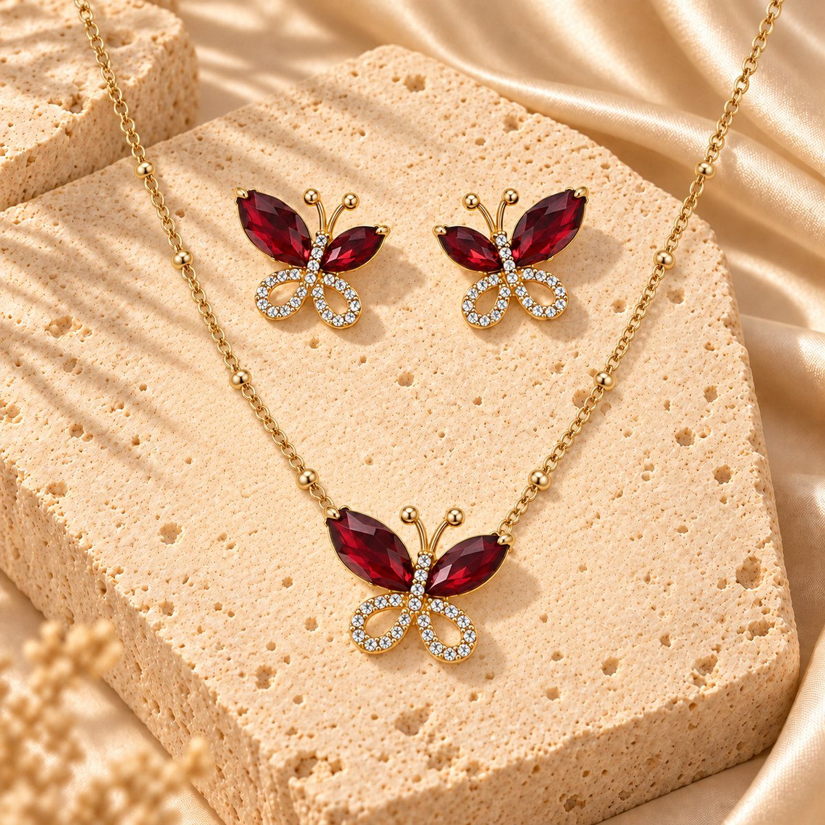 Gold Filled Red Butterfly Necklace Earrings Set