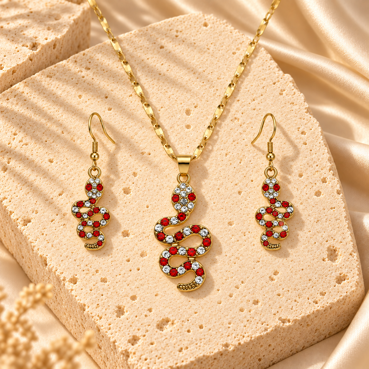 Gold Filled Red Crystal Snake Necklace Earrings Set