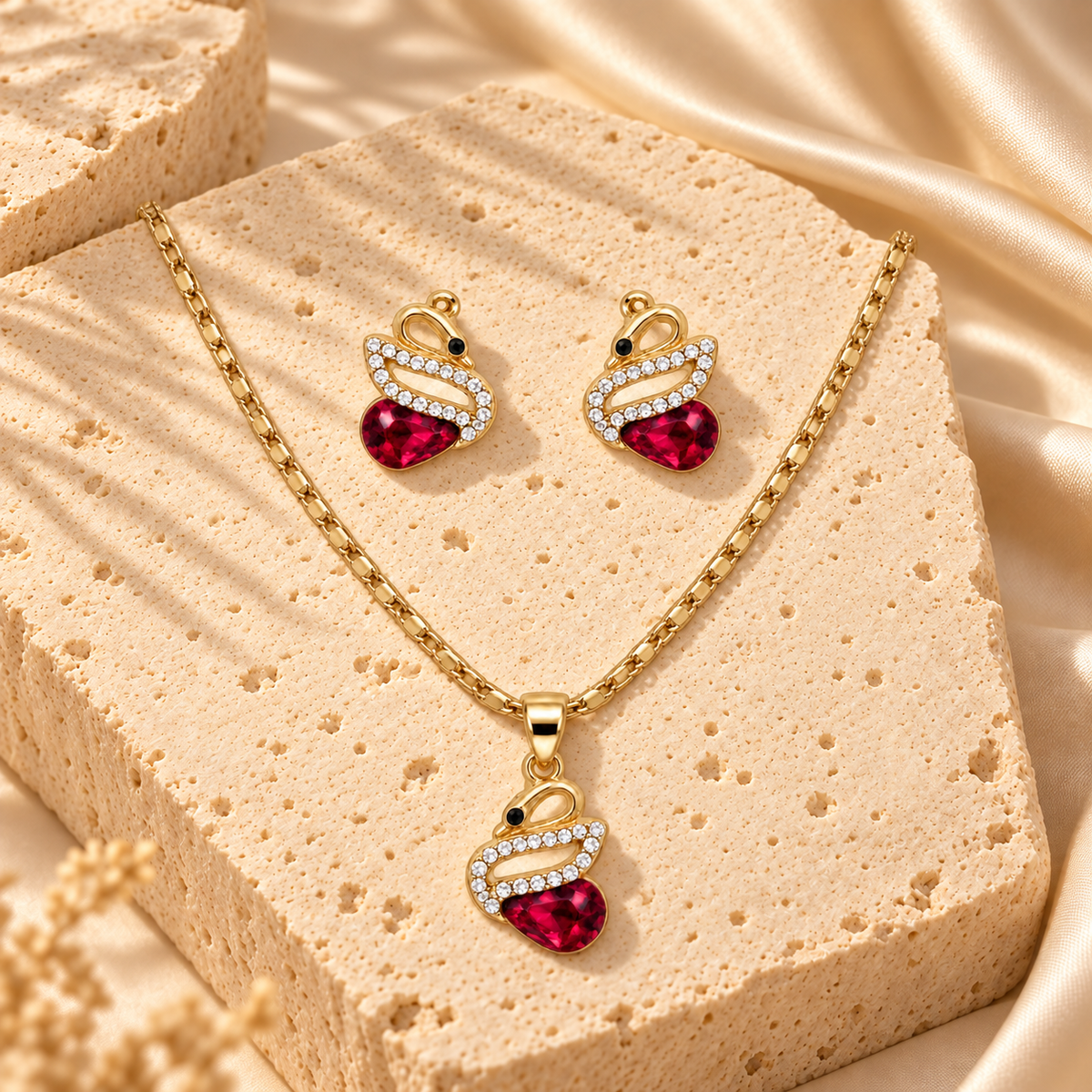 Gold Filled Red Heart Necklace Earrings Set