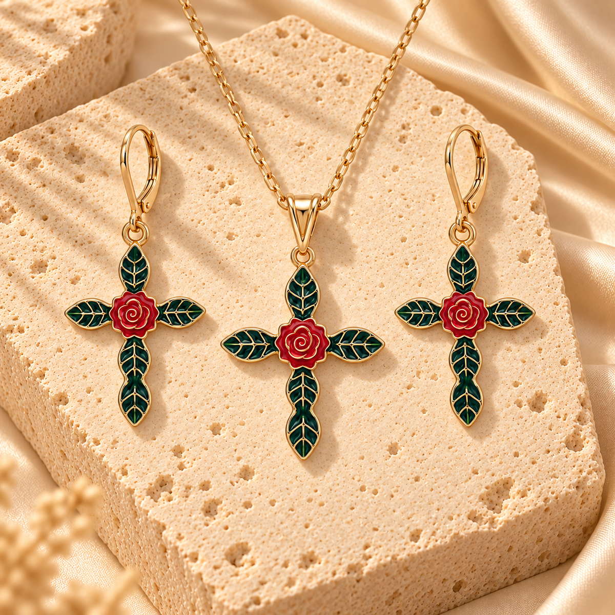 Gold Filled Red Rose Cross Necklace Earrings Set