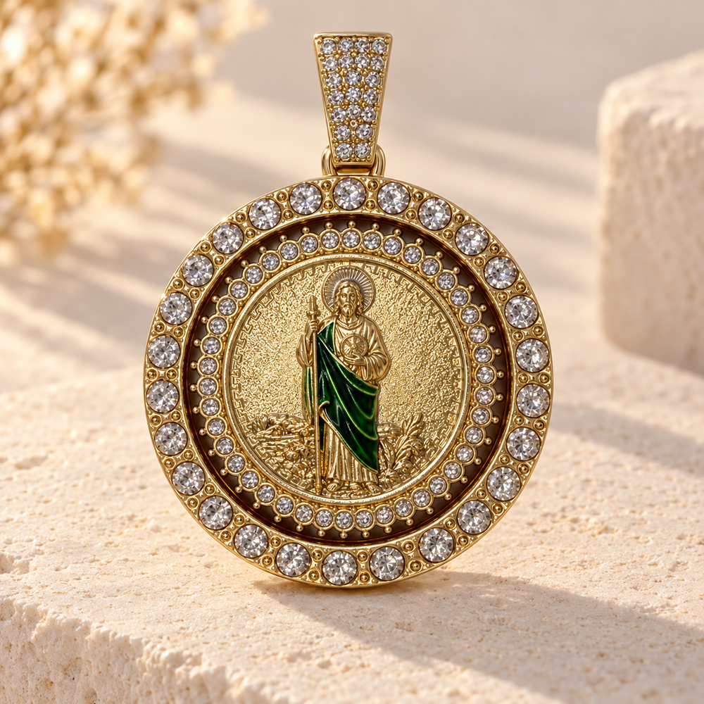 Gold Filled San Judas Green Accent Crystal Halo Medallion Pendant
