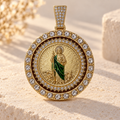 Gold Filled San Judas Green Accent Crystal Halo Medallion Pendant