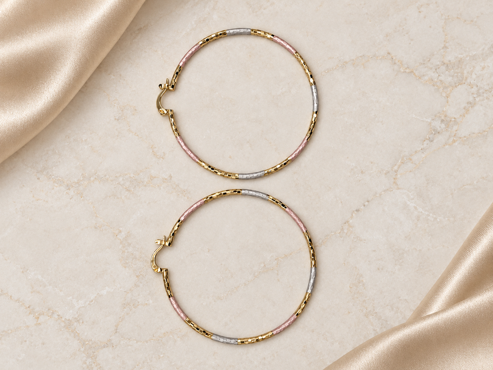 Gold Filled Tri-Color Segmented Hoop Earrings
