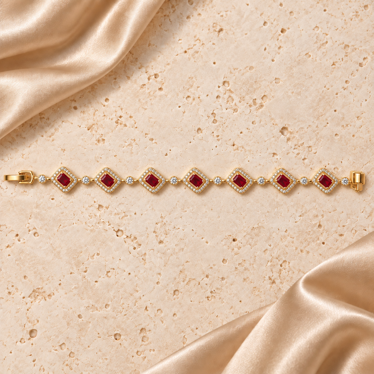 Una pulsera en tono dorado con siete piedras rojas rectangulares, marcos de piedras transparentes, conectores redondos y cierre completo.