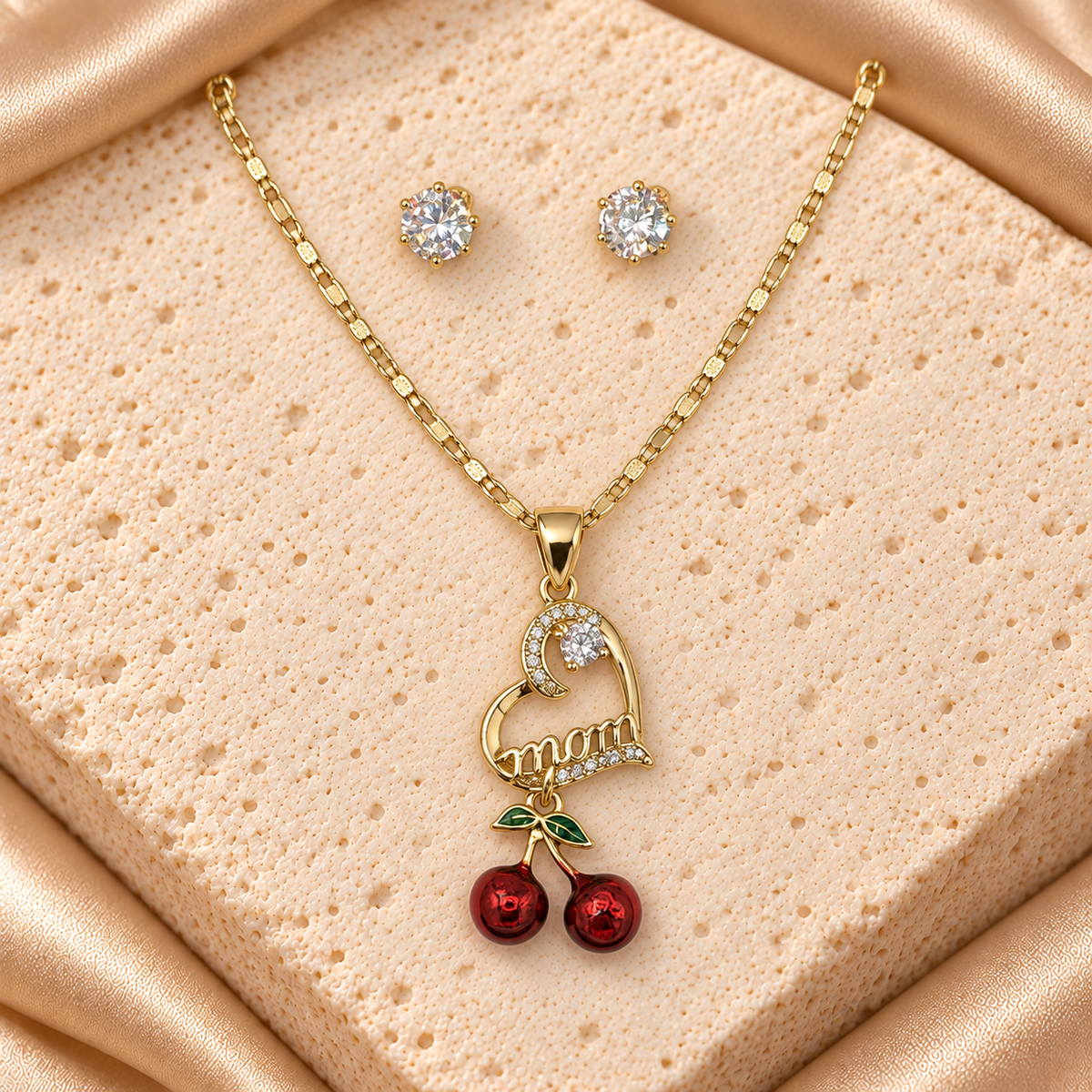 Set collar Mom corazón y cerezas rojas con aretes | Mom Cherry Heart Set