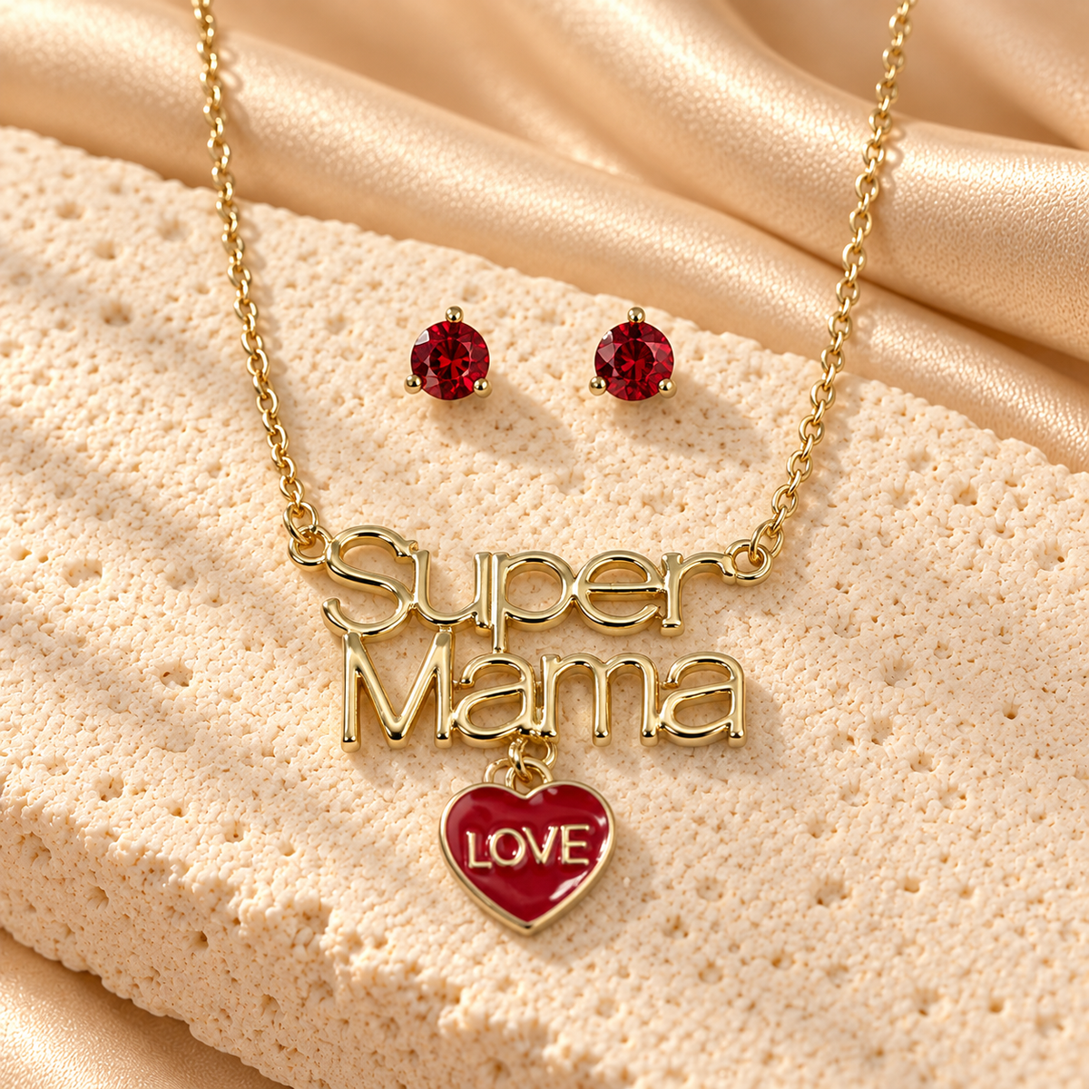 Collar dorado con letras Super Mama y corazón rojo LOVE, acompañado de dos aretes redondos rojos brillantes sobre piedra crema y satén champán.