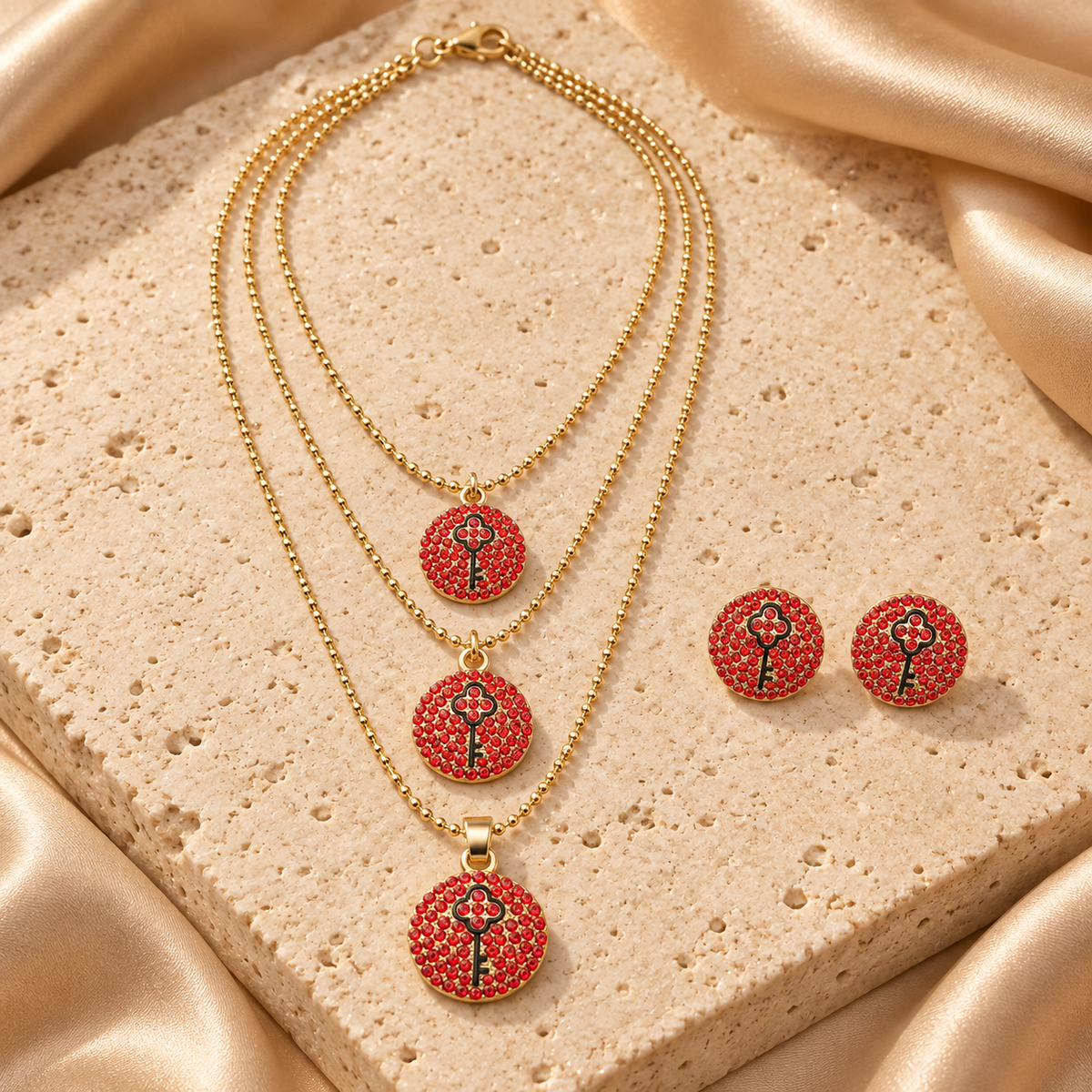Collar dorado de tres capas con tres dijes redondos de piedras rojas y motivo de llave, acompañado por dos aretes redondos a juego.