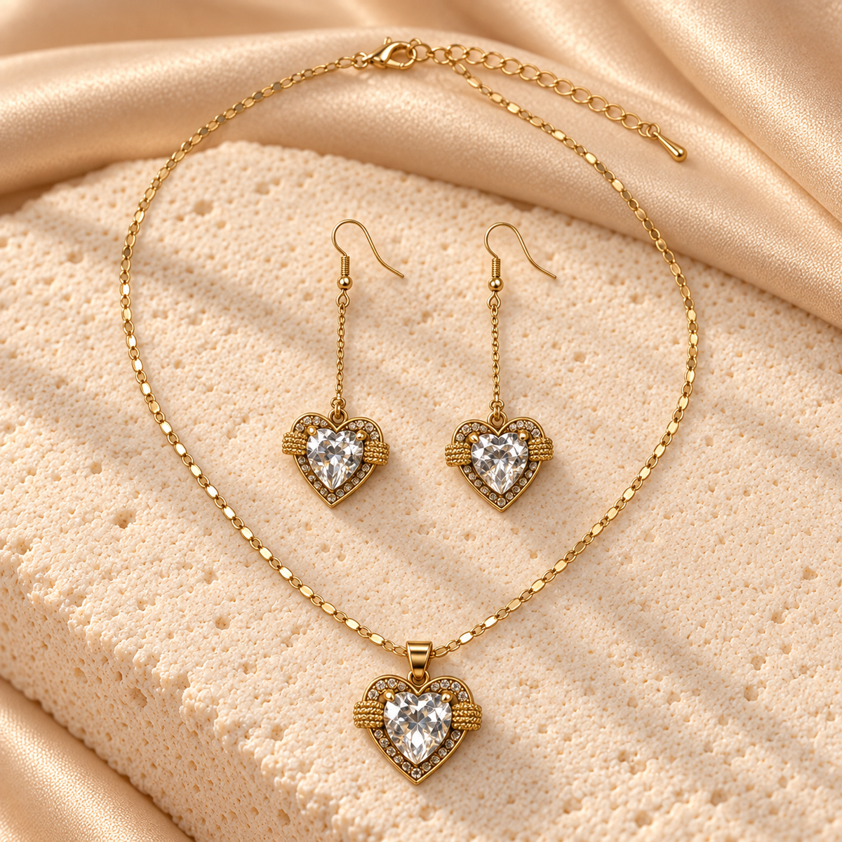 Set dorado de collar y dos aretes largos de gancho con corazones transparentes, bordes brillantes y detalles laterales texturizados.