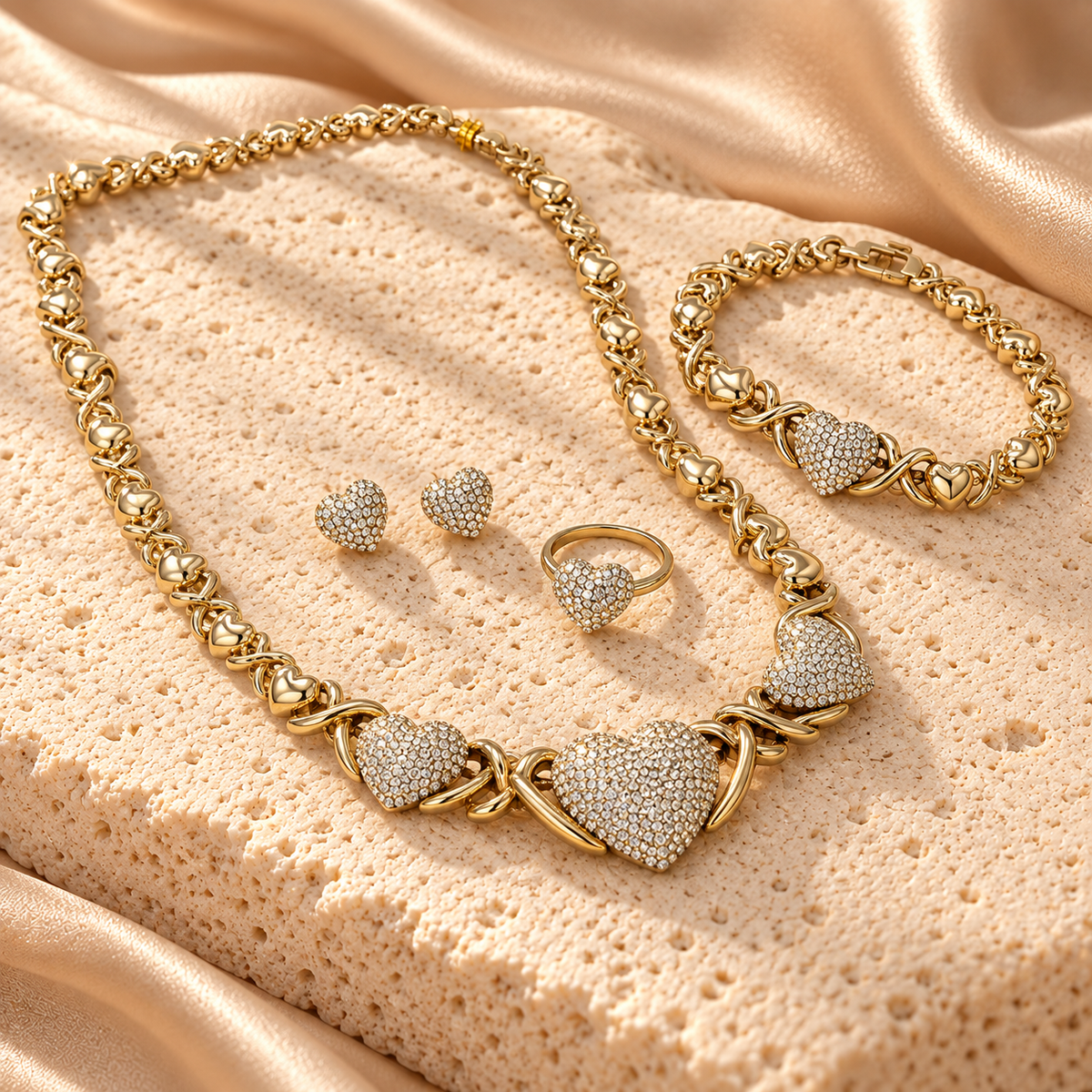 Set dorado de corazones brillantes: collar con tres corazones, pulsera, dos aretes de broche y un anillo sobre piedra crema y satén.